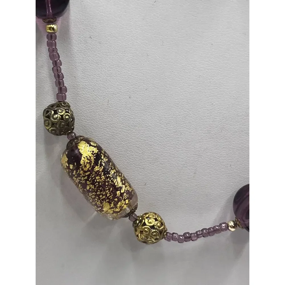 Purple Gold Foil Leaf Beaded Murano Vintage Glass Bead Embossed Brass Necklace‎